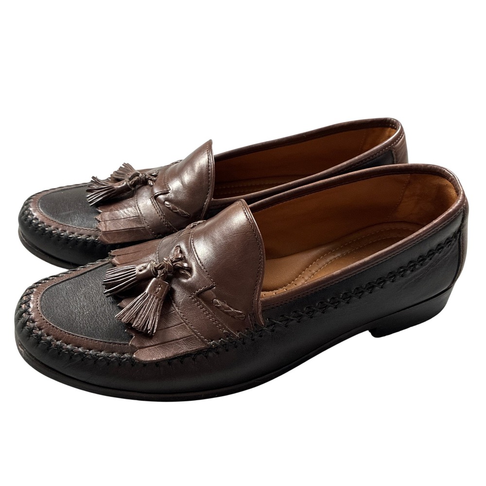 Domani Mens 11M Two Tone Brown Black Leather Tassel Kiltie Loafers India Preppy